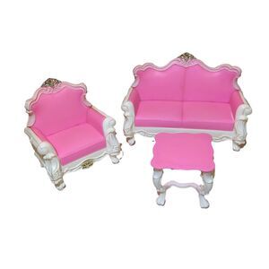Vintage‎ 3 piece pink white Fancy Dollhouse Furniture Set Couch Chair Table